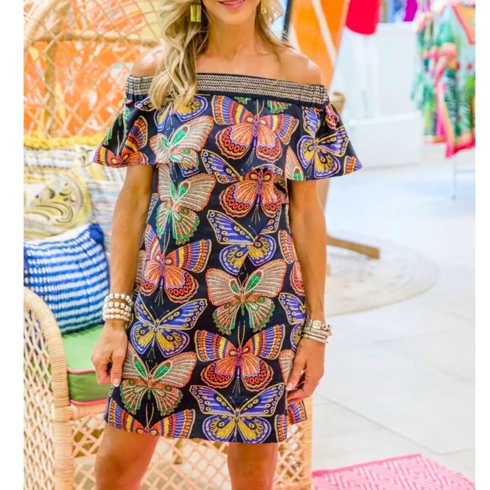 Trina Turk Walton Butterfly Print Off-the-Shoulder Dress